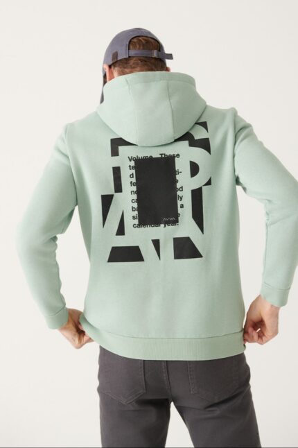Su Yeşili Kapüşonlu 3 İplik Şardonlu Baskılı Sweatshirt